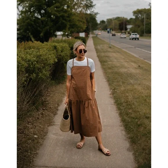 Everlane Brown MIDI Pinafore Flowy Boho Dress 14 - Picture 1 of 6